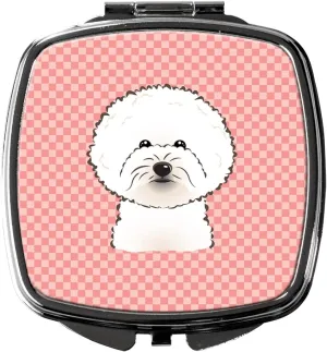 Caroline's Treasures BB1217SCM Checkerboard Pink Bichon Frise Compact Mirror Decorative Travel Makeup Mirror for Women Girls Gifts Pocket Makeup Mirror Folding Handheld