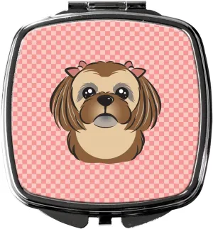 Caroline's Treasures BB1249SCM Checkerboard Pink Chocolate Brown Shih Tzu Compact Mirror Decorative Travel Makeup Mirror for Women Girls Gifts Pocket Makeup Mirror Folding Handheld