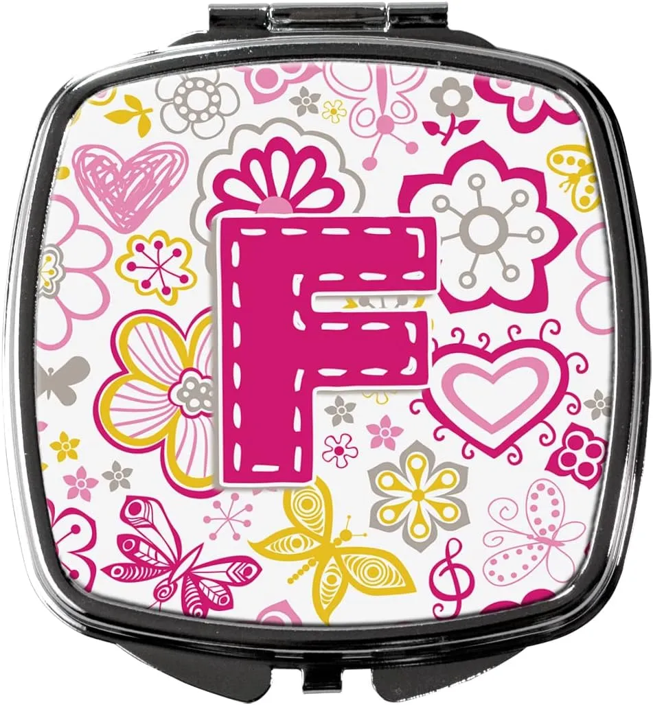 Caroline's Treasures CJ2005-FSCM Letter F Flowers and Butterflies Pink Compact Mirror Decorative Travel Makeup Mirror for Women Girls Gifts Pocket Makeup Mirror Folding Handheld