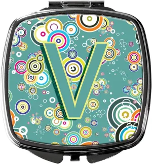 Caroline's Treasures CJ2015-VSCM Letter V Circle Circle Teal Initial Alphabet Compact Mirror Decorative Travel Makeup Mirror for Women Girls Gifts Pocket Makeup Mirror Folding Handheld
