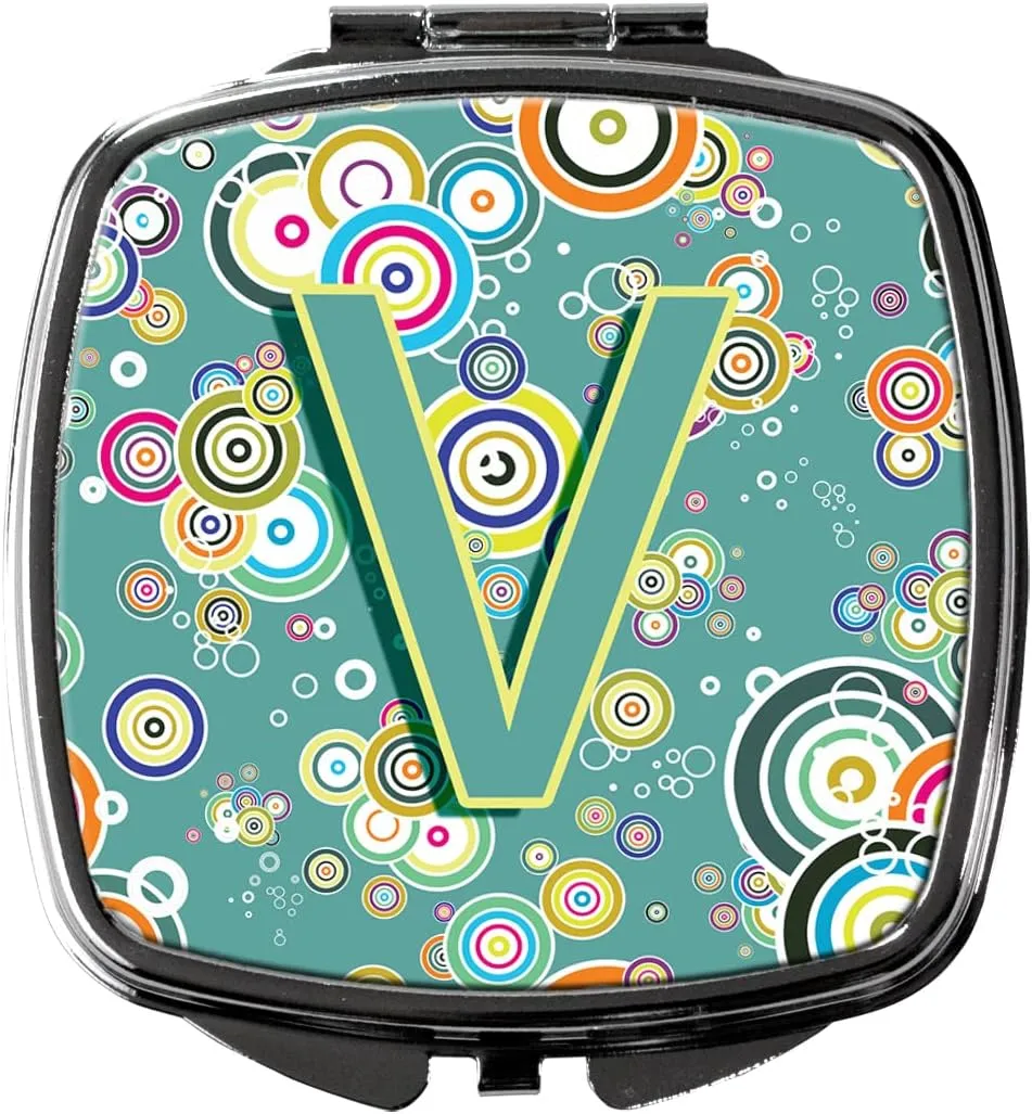 Caroline's Treasures CJ2015-VSCM Letter V Circle Circle Teal Initial Alphabet Compact Mirror Decorative Travel Makeup Mirror for Women Girls Gifts Pocket Makeup Mirror Folding Handheld