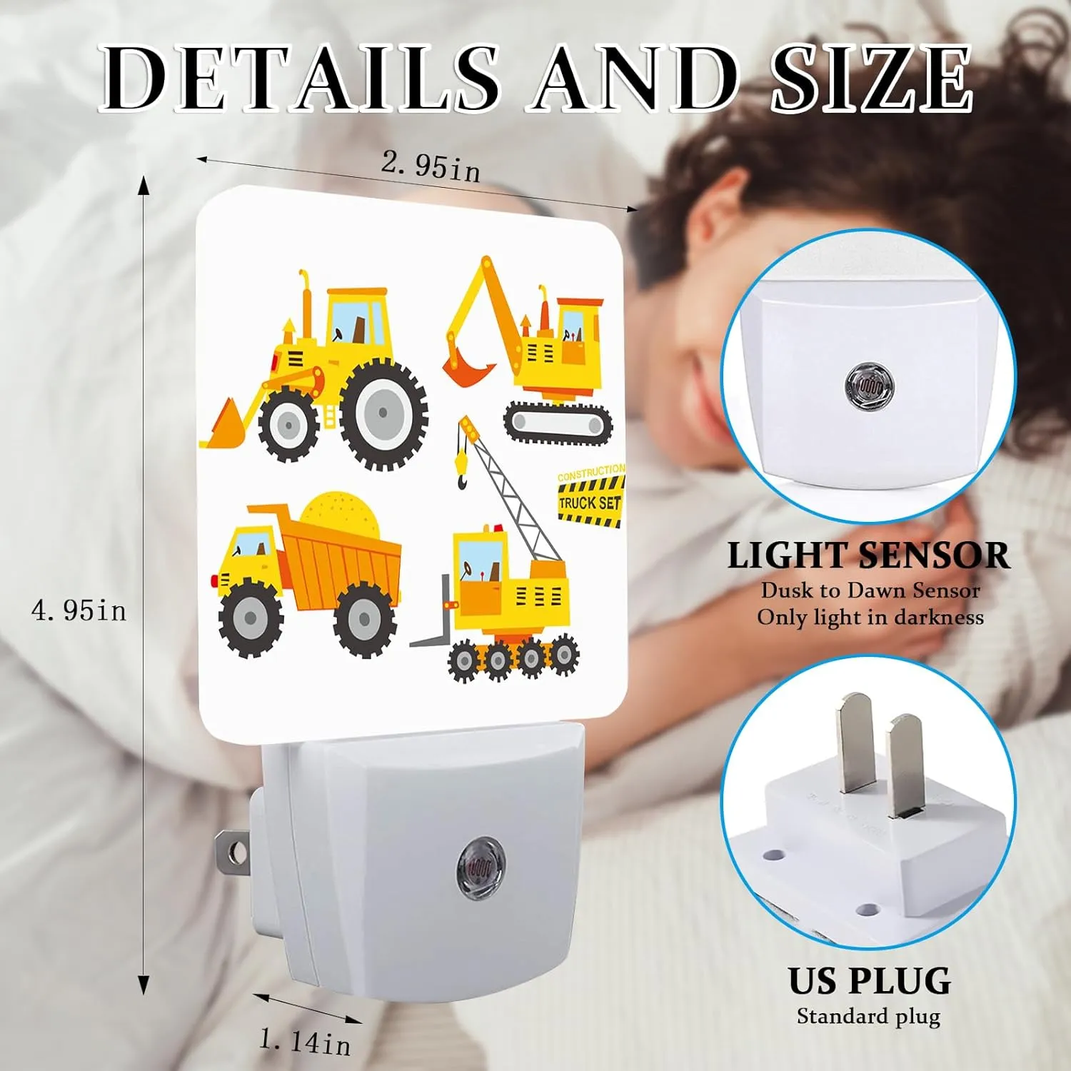Cartoon Truck Night light, Plug-into Wall Machinery Excavator Building Machine Boy Car Toy Nightlight Lamp with Dusk to Dawn Sensor, Led Lamp 0.5W Energy Efficient for Boys Girls Adults Home Decor