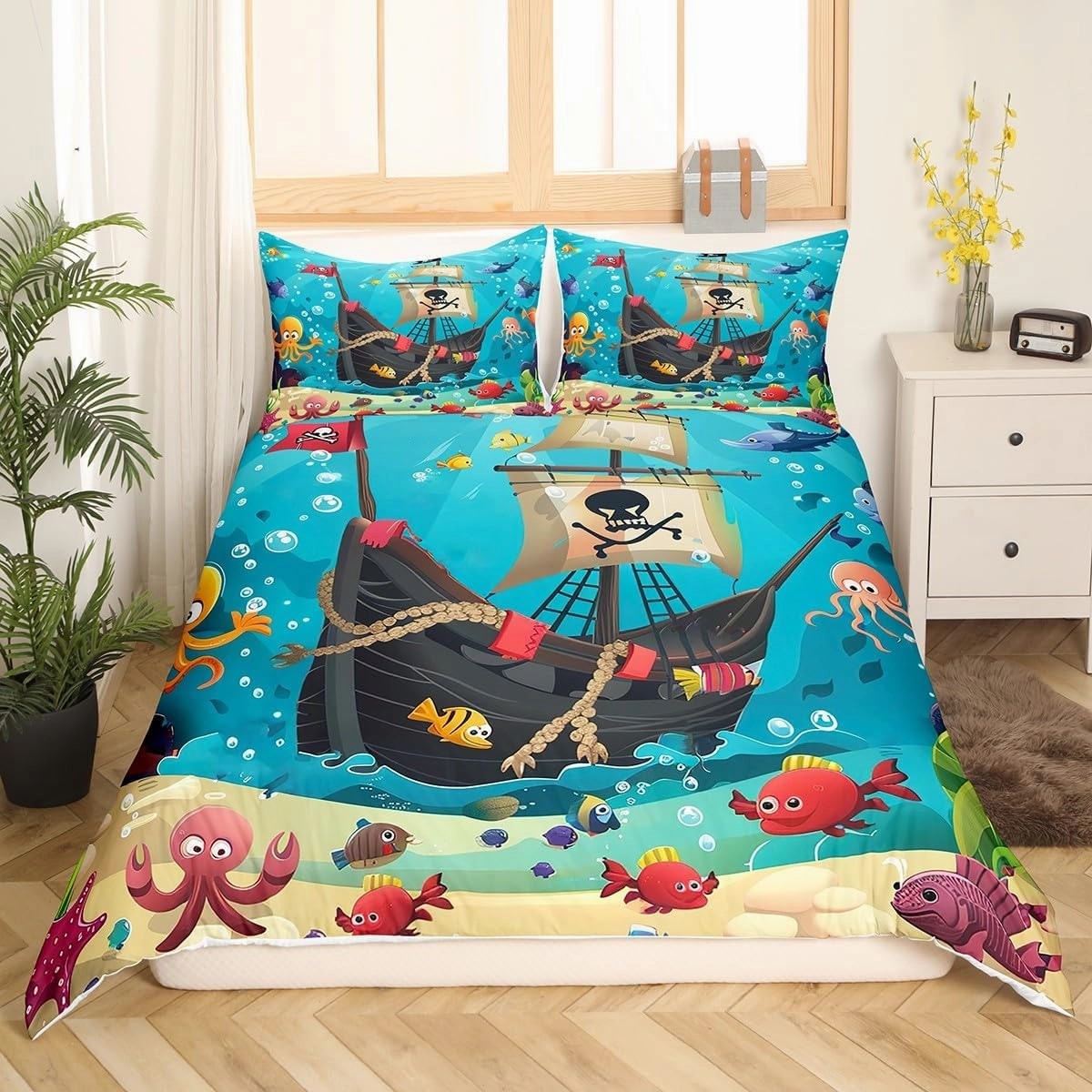 Cartoon Pirate Ship Duvet Cover Set Full Size Marine Adventure Comforter Cover Underwater Fish Bedding Set 3pcs for Kids Cute Octopus Jellyfish Bedspread Cover,Comforter Not Included