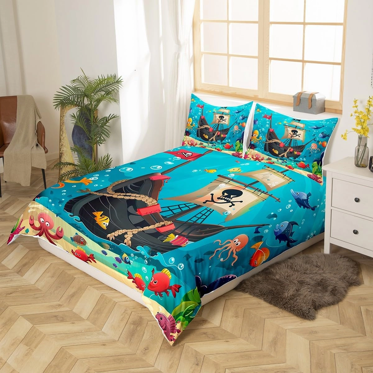 Cartoon Pirate Ship Duvet Cover Set Full Size Marine Adventure Comforter Cover Underwater Fish Bedding Set 3pcs for Kids Cute Octopus Jellyfish Bedspread Cover,Comforter Not Included