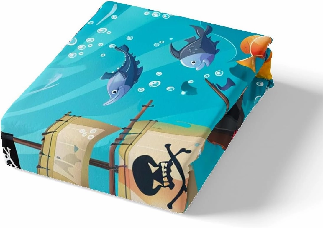 Cartoon Pirate Ship Duvet Cover Set Full Size Marine Adventure Comforter Cover Underwater Fish Bedding Set 3pcs for Kids Cute Octopus Jellyfish Bedspread Cover,Comforter Not Included