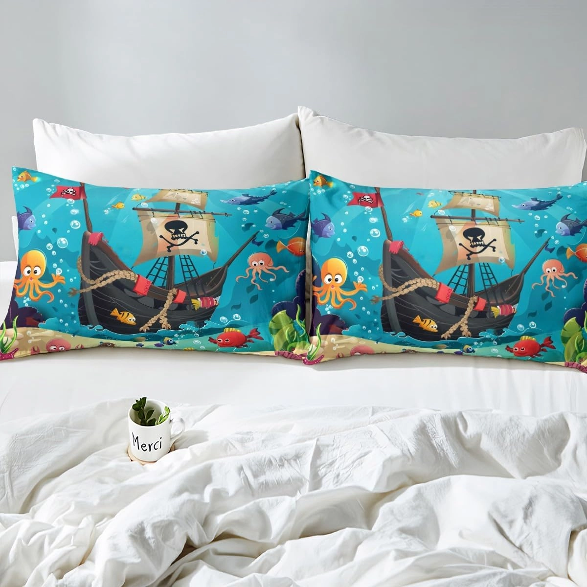 Cartoon Pirate Ship Duvet Cover Set Full Size Marine Adventure Comforter Cover Underwater Fish Bedding Set 3pcs for Kids Cute Octopus Jellyfish Bedspread Cover,Comforter Not Included