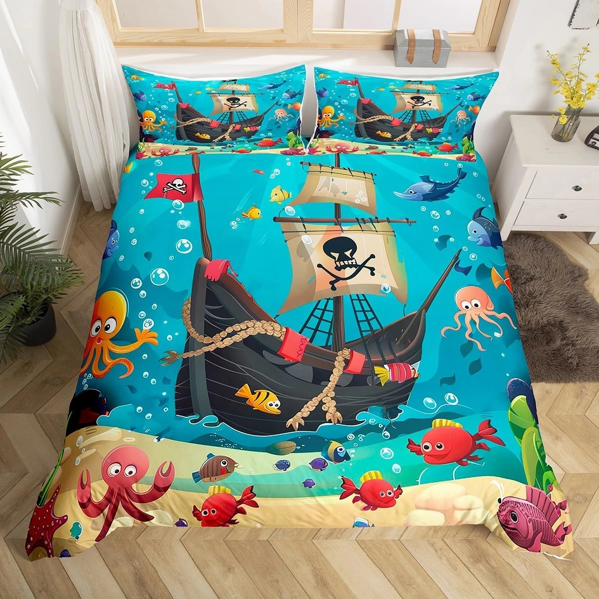 Cartoon Pirate Ship Duvet Cover Set Full Size Marine Adventure Comforter Cover Underwater Fish Bedding Set 3pcs for Kids Cute Octopus Jellyfish Bedspread Cover,Comforter Not Included