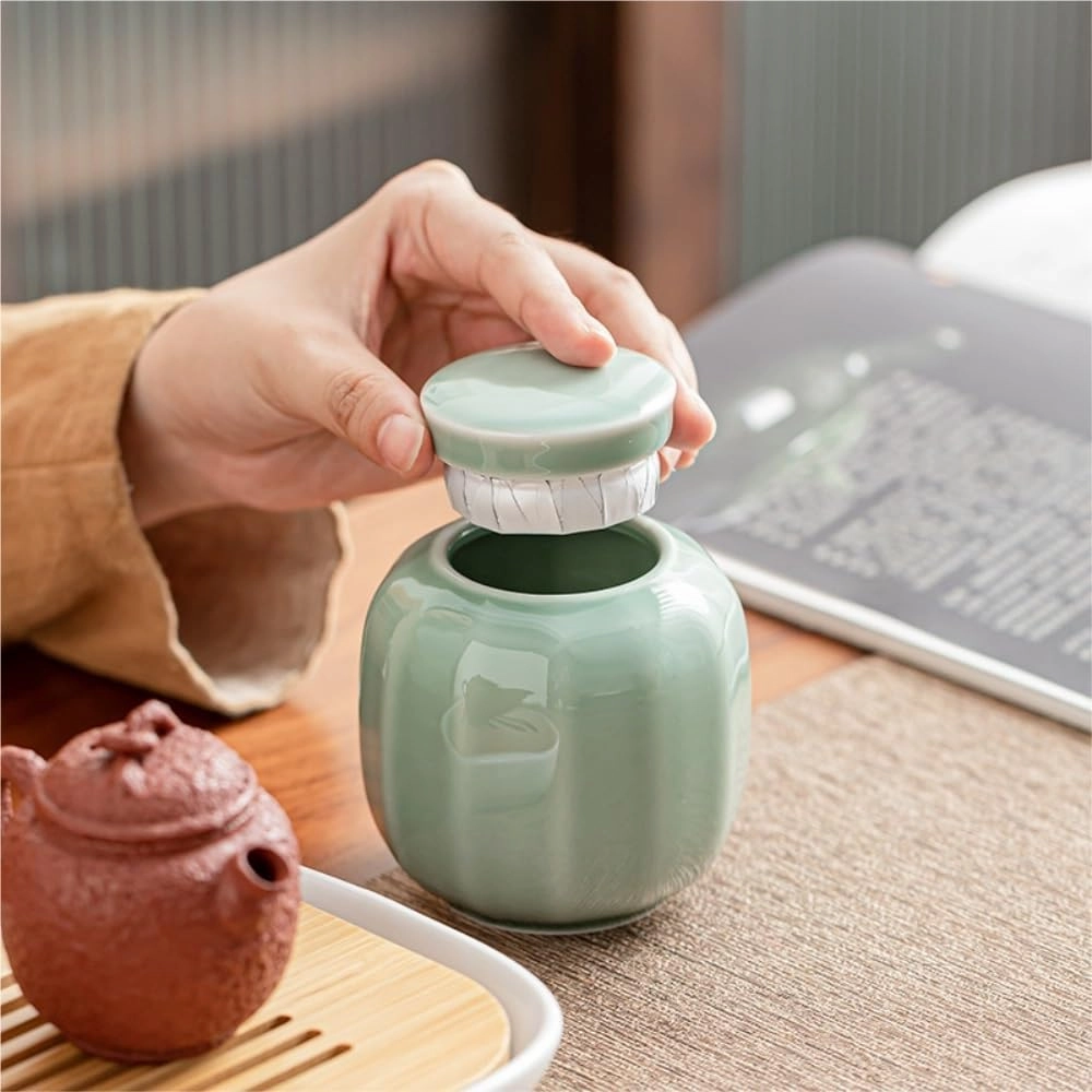 Ceramic Tea Caddy Loose Tea Storage Container Jar Ceramic Sealed Jar Empty Jar with Tea Spoon Tea Set Double Jar Gift Box Set Handbag Tea Canister(B)