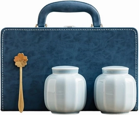 Ceramic Tea Caddy Loose Tea Storage Container Jar Ceramic Sealed Jar Empty Jar with Tea Spoon Tea Set Double Jar Gift Box Set Handbag Tea Canister(B)