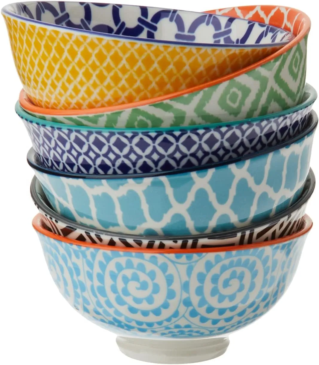 Certified International Chelsea 4.75" All-Purpose Porcelain Bowls – Set of 6 - Small Serving Bowls for Snacks, Dips, Nuts, Condiments & More - Vibrant Mix & Match Patterns
