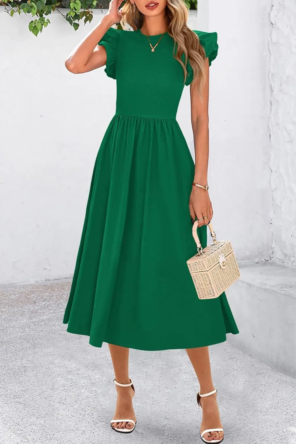 CFLONGE Women's Casual Short Puff Sleeve Summer Dresses for Women 2025 High Waist Casual Flowy A Line Midi Dress with Pockets