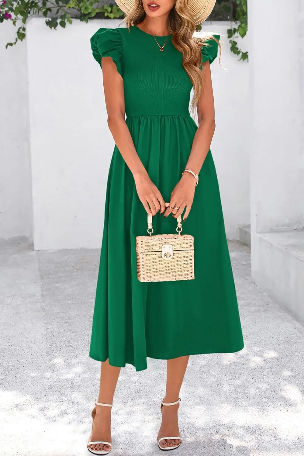 CFLONGE Women's Casual Short Puff Sleeve Summer Dresses for Women 2025 High Waist Casual Flowy A Line Midi Dress with Pockets