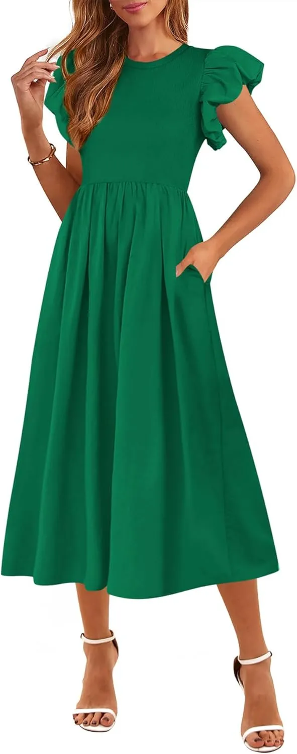 CFLONGE Women's Casual Short Puff Sleeve Summer Dresses for Women 2025 High Waist Casual Flowy A Line Midi Dress with Pockets