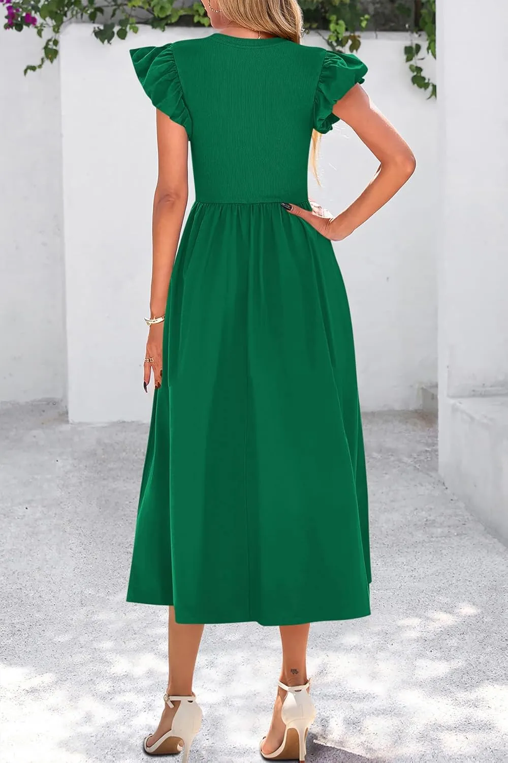CFLONGE Women's Casual Short Puff Sleeve Summer Dresses for Women 2025 High Waist Casual Flowy A Line Midi Dress with Pockets