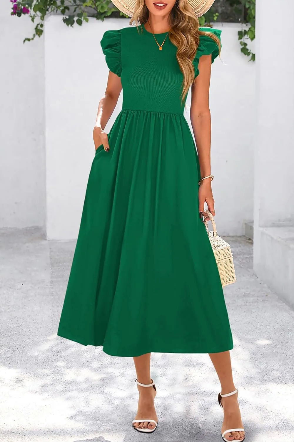 CFLONGE Women's Casual Short Puff Sleeve Summer Dresses for Women 2025 High Waist Casual Flowy A Line Midi Dress with Pockets