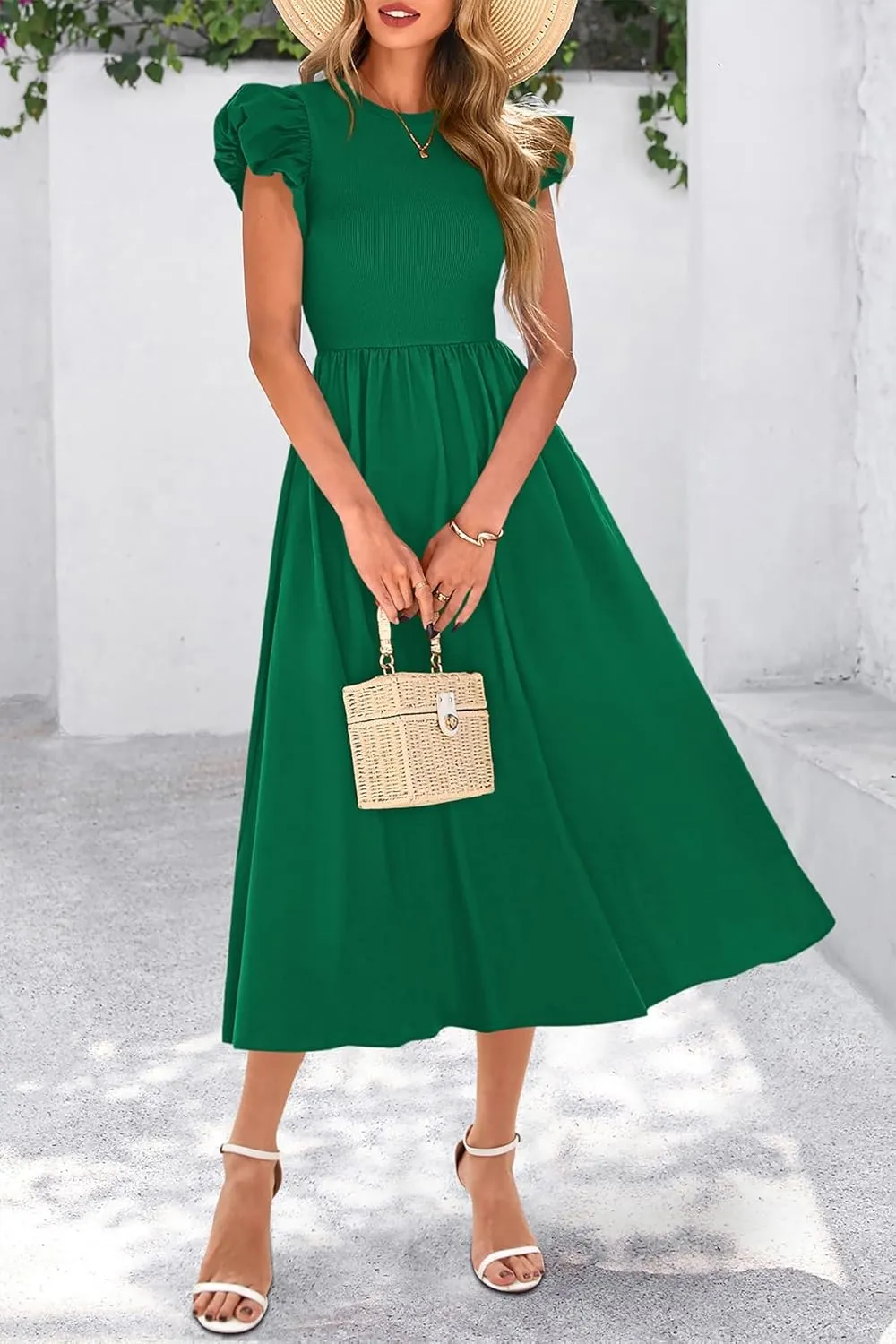 CFLONGE Women's Casual Short Puff Sleeve Summer Dresses for Women 2025 High Waist Casual Flowy A Line Midi Dress with Pockets