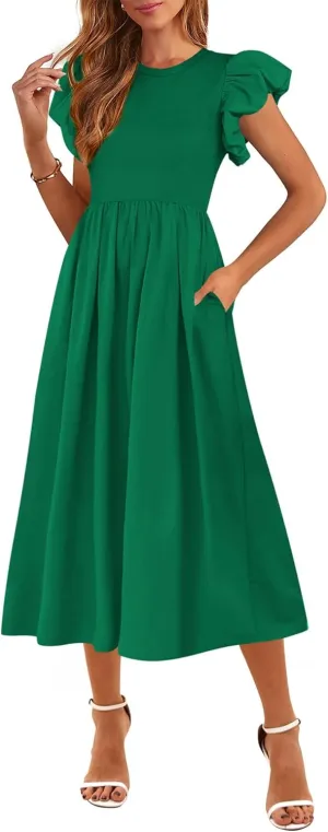CFLONGE Women's Casual Short Puff Sleeve Summer Dresses for Women 2025 High Waist Casual Flowy A Line Midi Dress with Pockets