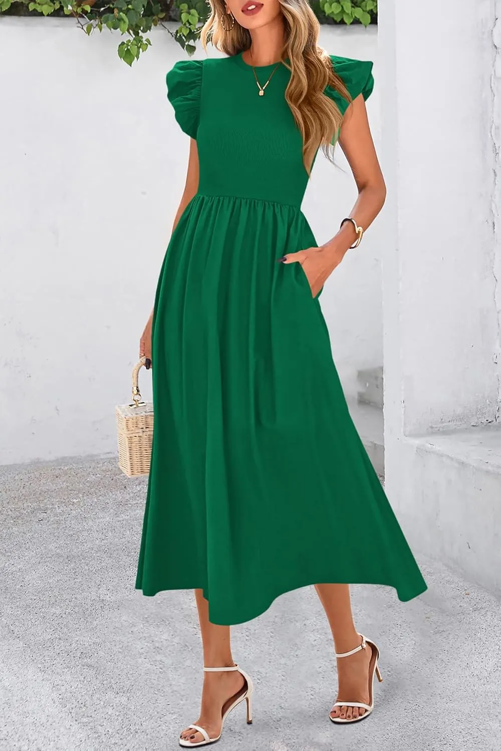 CFLONGE Women's Casual Short Puff Sleeve Summer Dresses for Women 2025 High Waist Casual Flowy A Line Midi Dress with Pockets