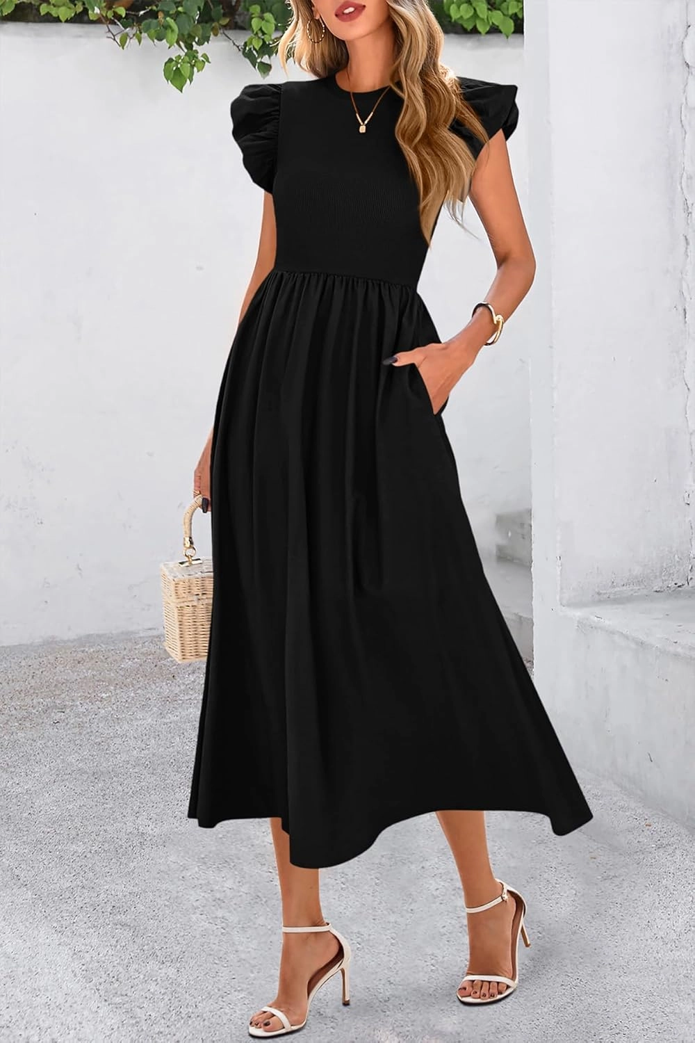 CFLONGE Women's Casual Short Puff Sleeve Summer Dresses for Women 2025 High Waist Casual Flowy A Line Midi Dress with Pockets