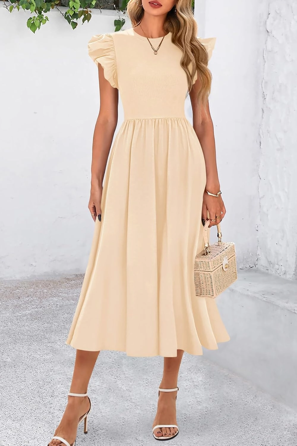 CFLONGE Women's Casual Short Puff Sleeve Summer Dresses for Women 2025 High Waist Casual Flowy A Line Midi Dress with Pockets