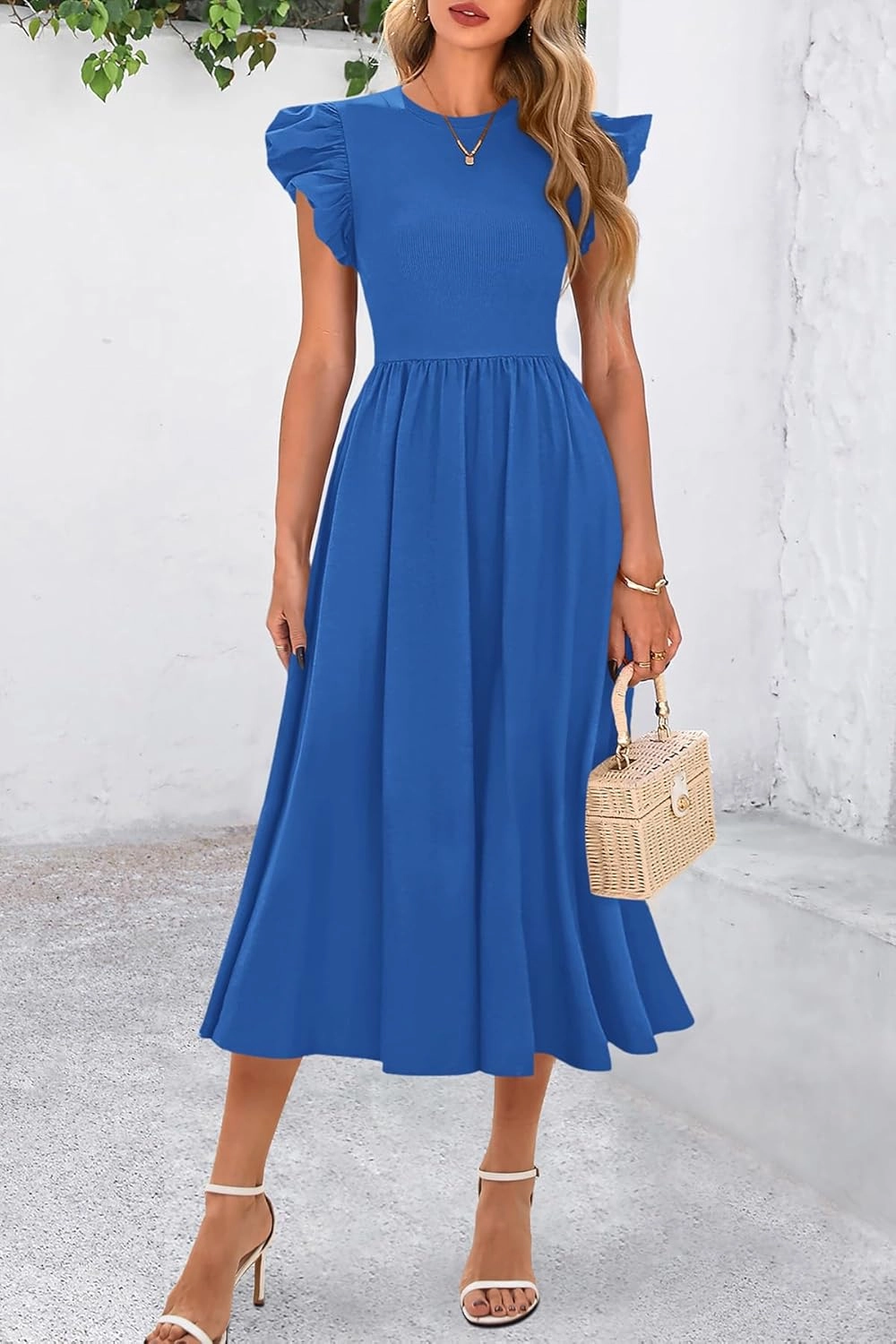 CFLONGE Women's Casual Short Puff Sleeve Summer Dresses for Women 2025 High Waist Casual Flowy A Line Midi Dress with Pockets