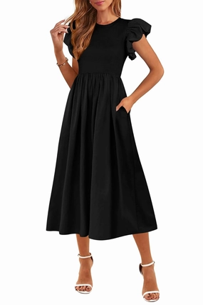 CFLONGE Women's Casual Short Puff Sleeve Summer Dresses for Women 2025 High Waist Casual Flowy A Line Midi Dress with Pockets