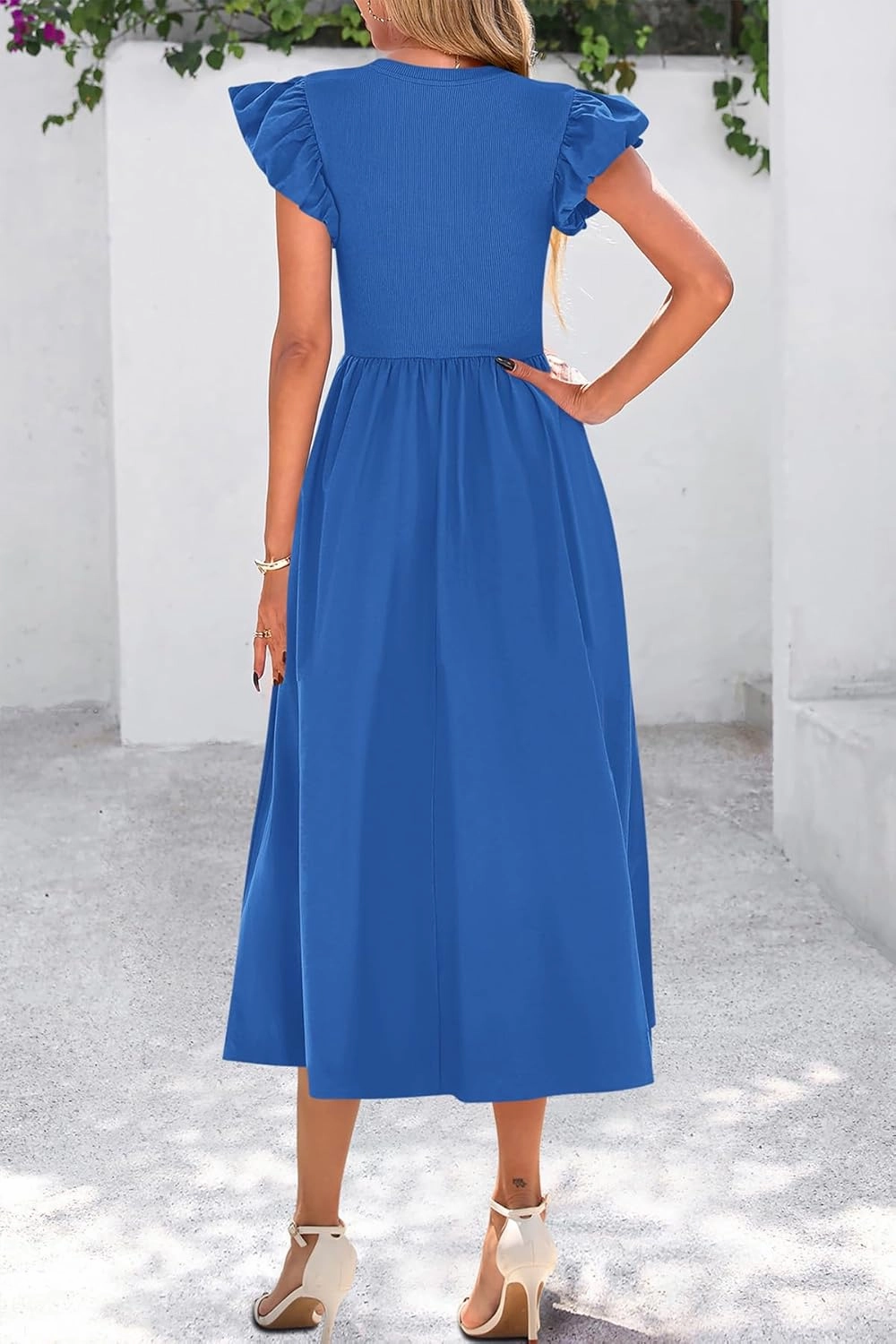 CFLONGE Women's Casual Short Puff Sleeve Summer Dresses for Women 2025 High Waist Casual Flowy A Line Midi Dress with Pockets