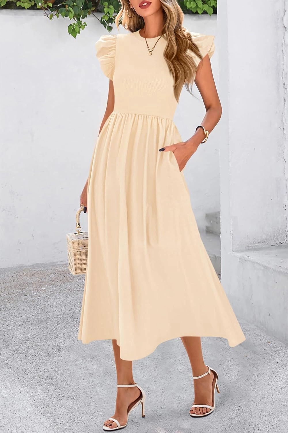 CFLONGE Women's Casual Short Puff Sleeve Summer Dresses for Women 2025 High Waist Casual Flowy A Line Midi Dress with Pockets
