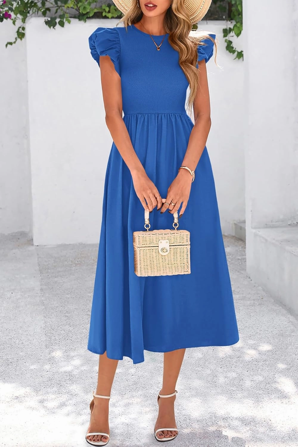 CFLONGE Women's Casual Short Puff Sleeve Summer Dresses for Women 2025 High Waist Casual Flowy A Line Midi Dress with Pockets