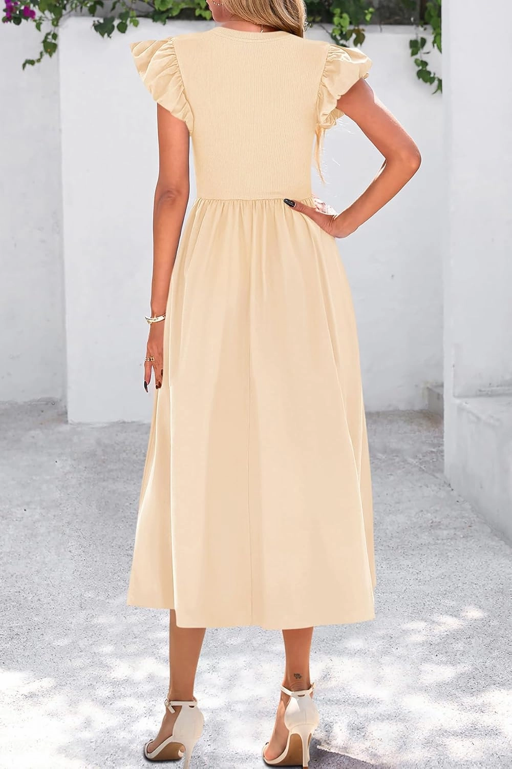 CFLONGE Women's Casual Short Puff Sleeve Summer Dresses for Women 2025 High Waist Casual Flowy A Line Midi Dress with Pockets