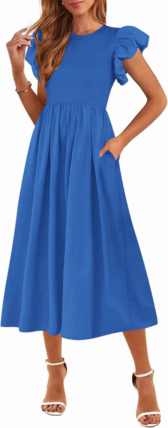 CFLONGE Women's Casual Short Puff Sleeve Summer Dresses for Women 2025 High Waist Casual Flowy A Line Midi Dress with Pockets