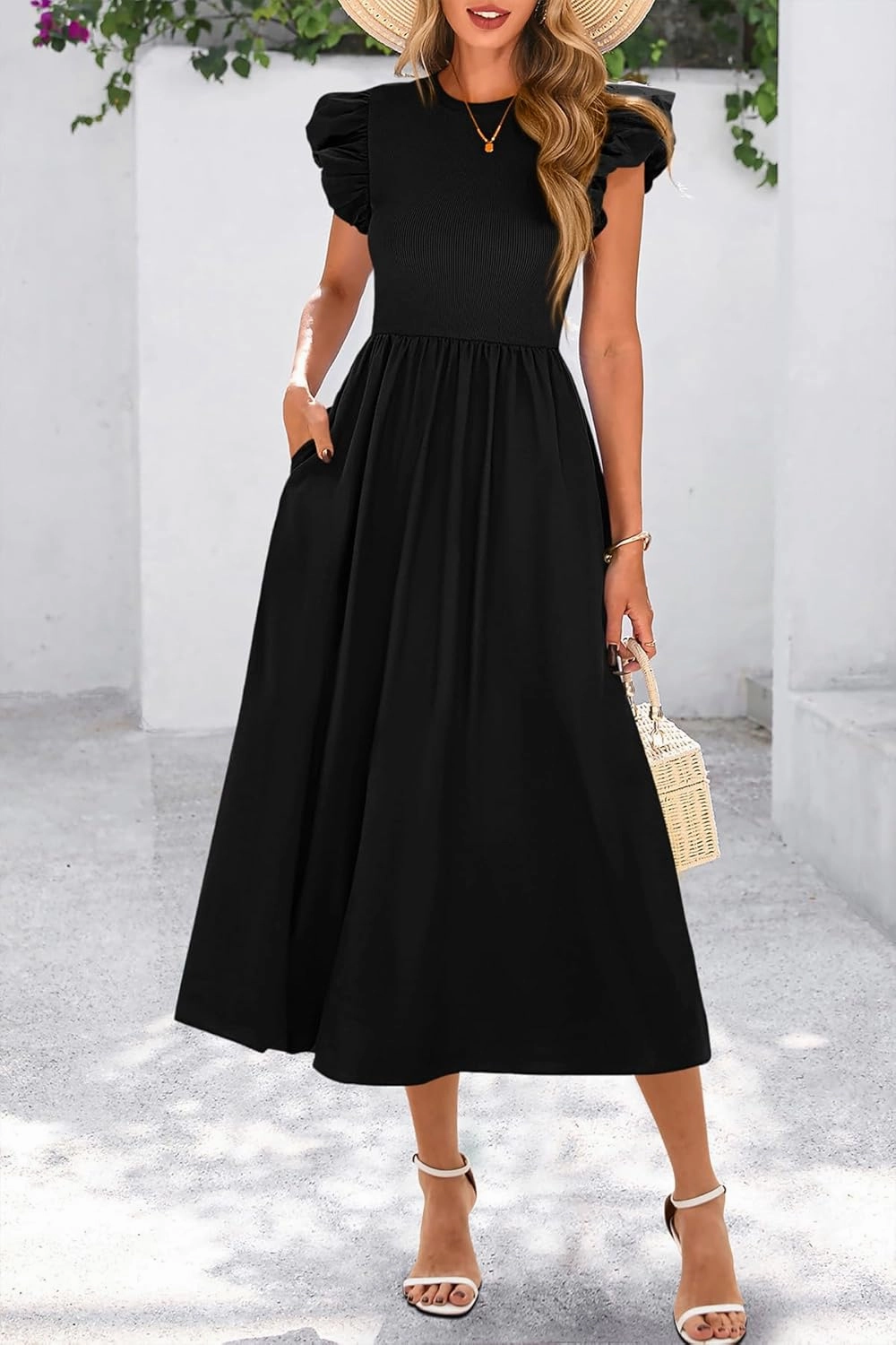 CFLONGE Women's Casual Short Puff Sleeve Summer Dresses for Women 2025 High Waist Casual Flowy A Line Midi Dress with Pockets