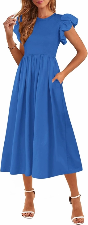 CFLONGE Women's Casual Short Puff Sleeve Summer Dresses for Women 2025 High Waist Casual Flowy A Line Midi Dress with Pockets
