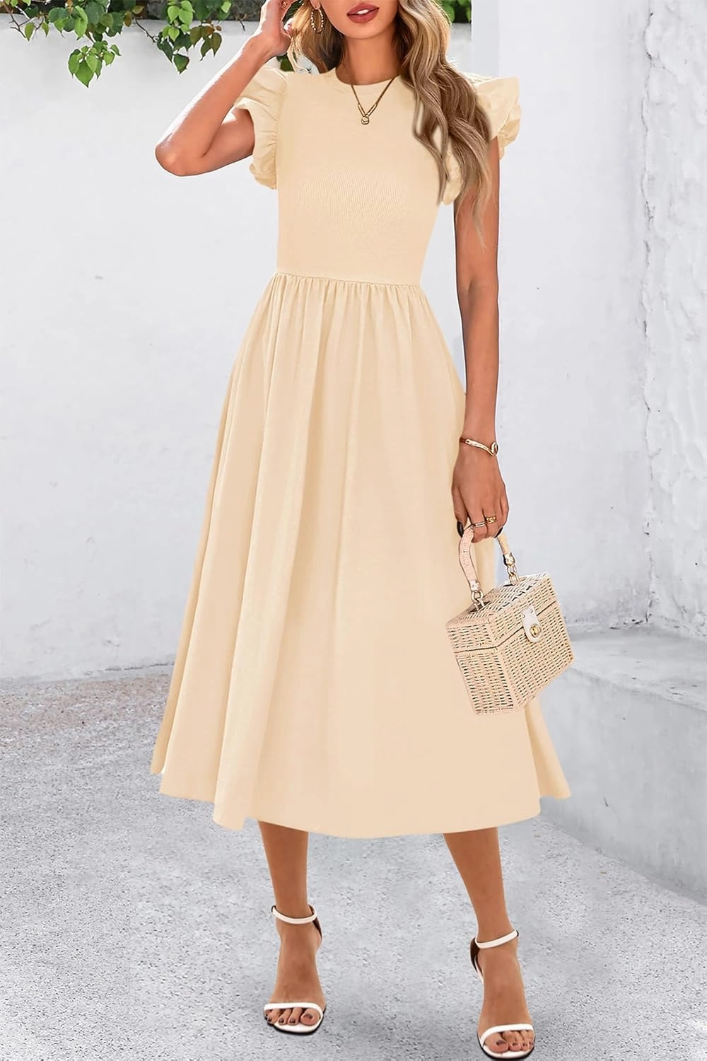 CFLONGE Women's Casual Short Puff Sleeve Summer Dresses for Women 2025 High Waist Casual Flowy A Line Midi Dress with Pockets