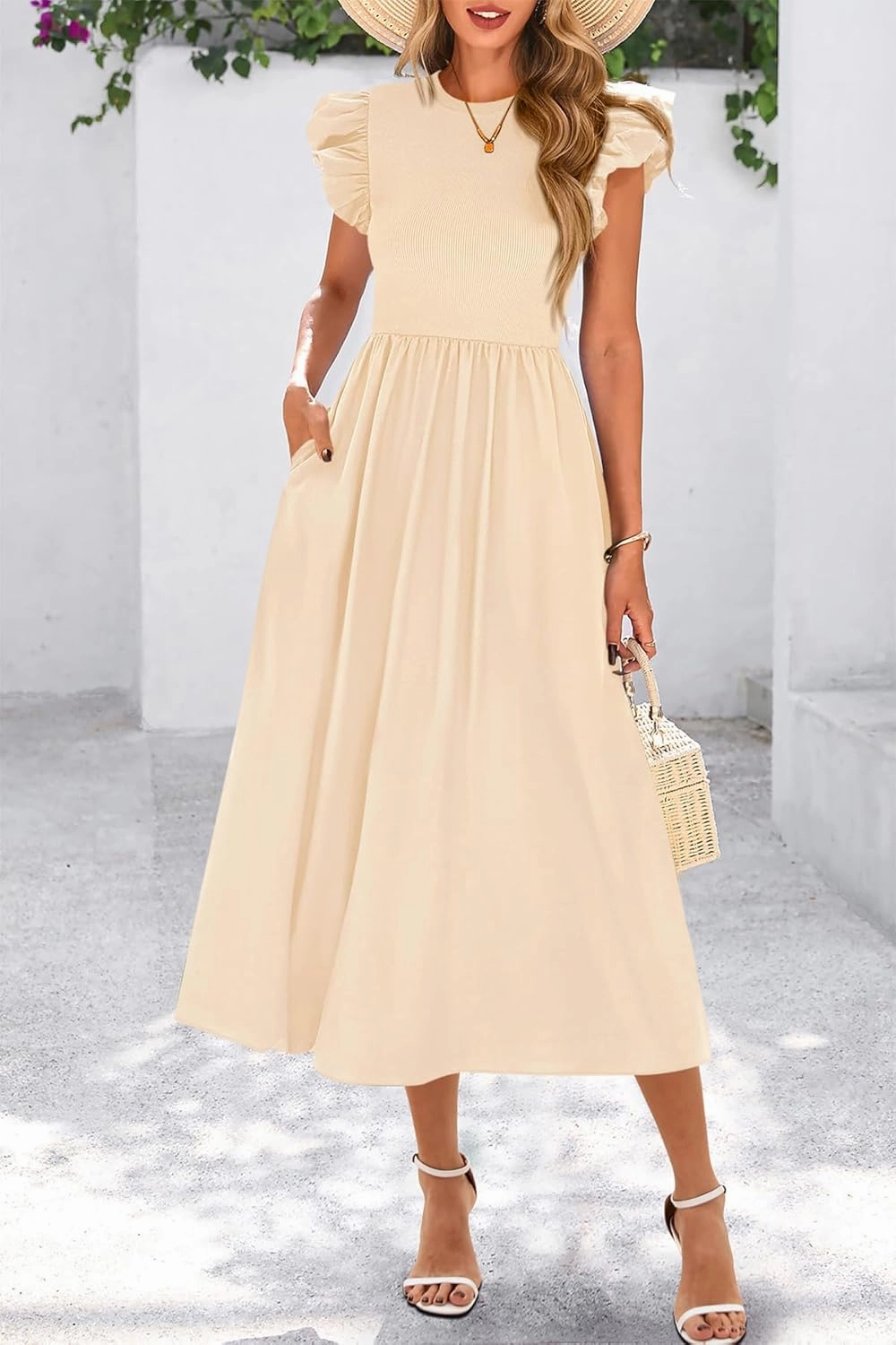 CFLONGE Women's Casual Short Puff Sleeve Summer Dresses for Women 2025 High Waist Casual Flowy A Line Midi Dress with Pockets