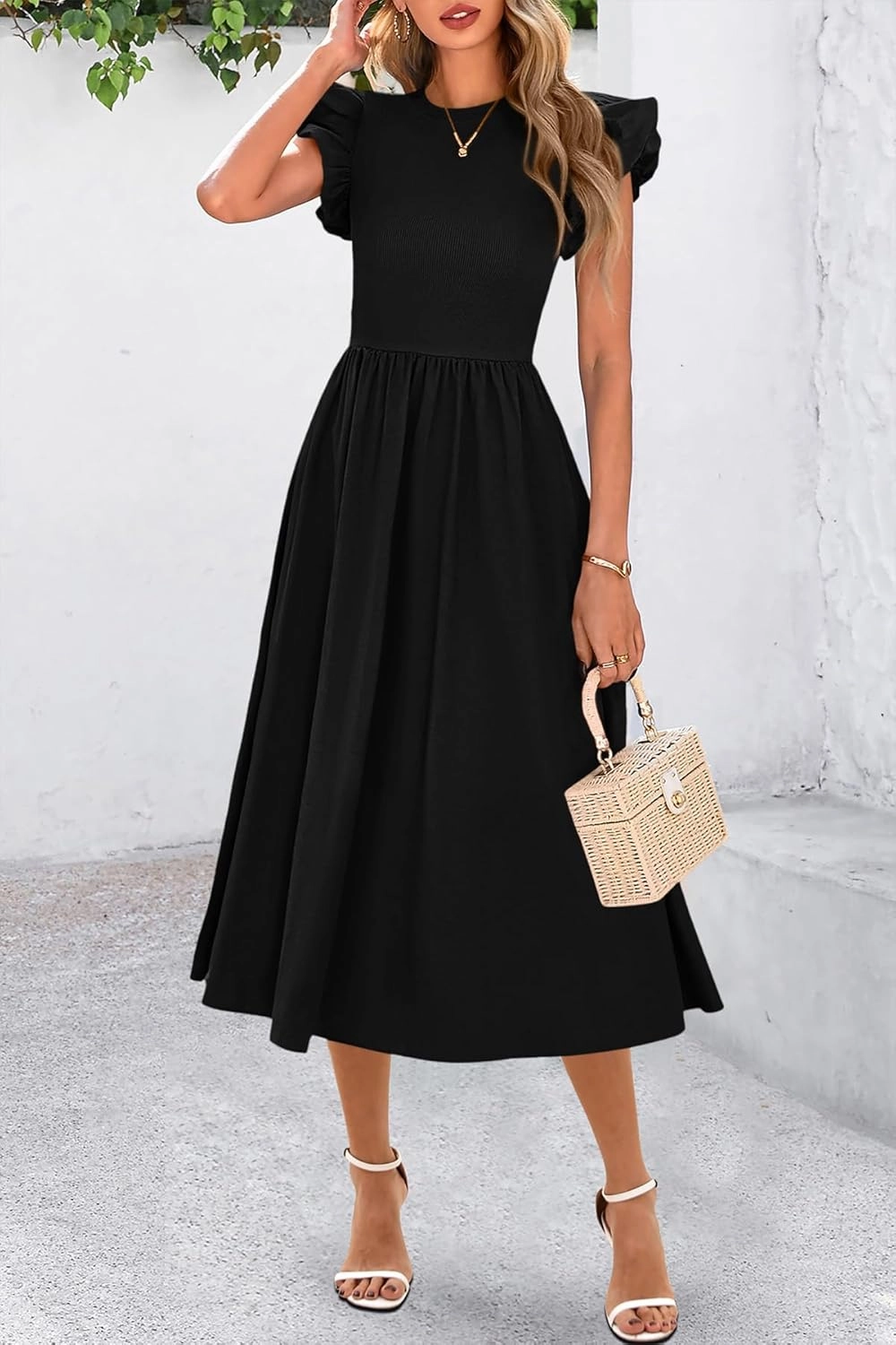 CFLONGE Women's Casual Short Puff Sleeve Summer Dresses for Women 2025 High Waist Casual Flowy A Line Midi Dress with Pockets