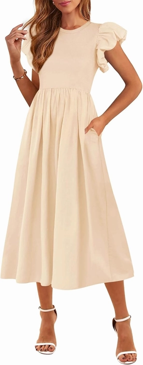 CFLONGE Women's Casual Short Puff Sleeve Summer Dresses for Women 2025 High Waist Casual Flowy A Line Midi Dress with Pockets