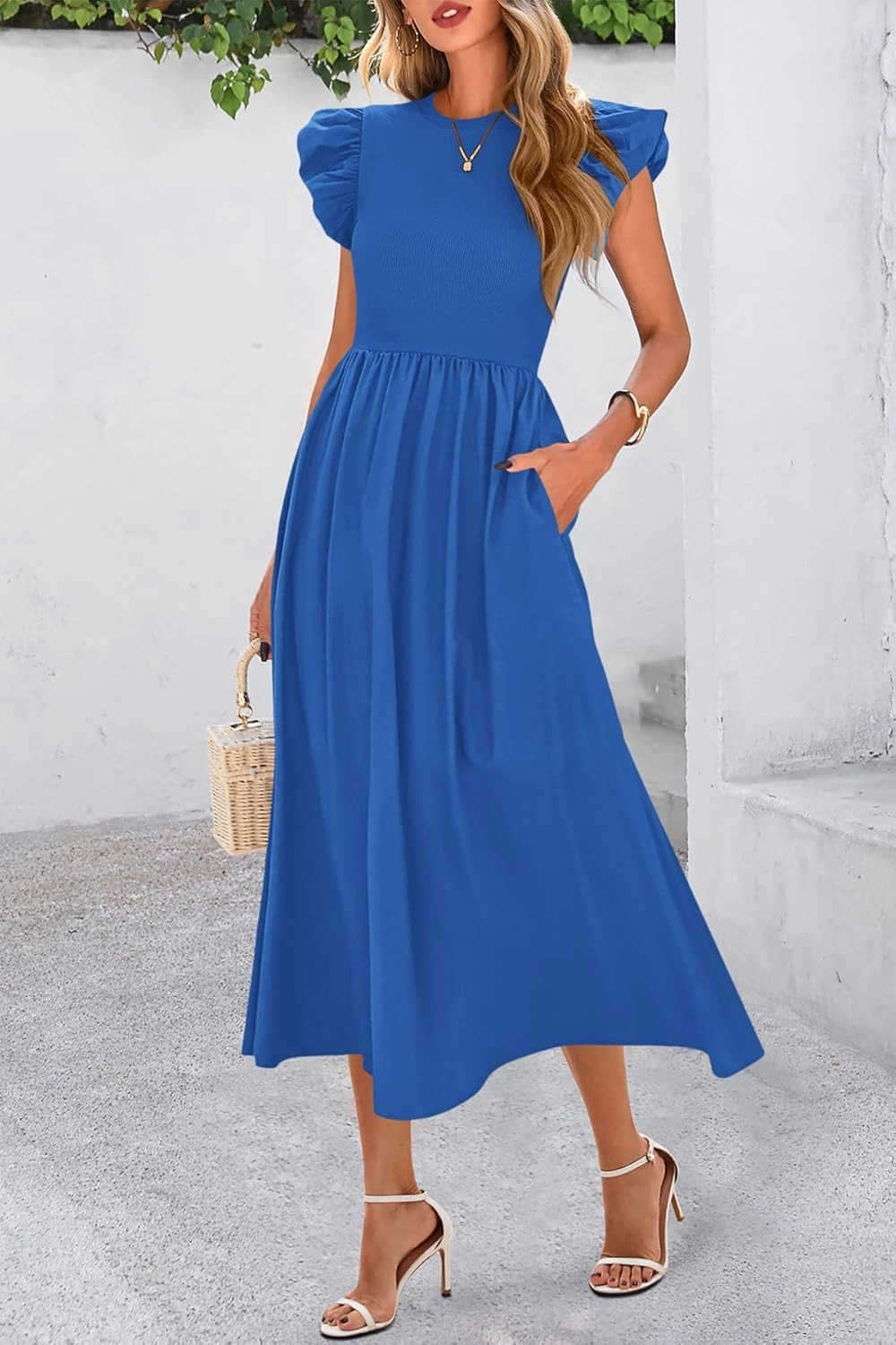 CFLONGE Women's Casual Short Puff Sleeve Summer Dresses for Women 2025 High Waist Casual Flowy A Line Midi Dress with Pockets