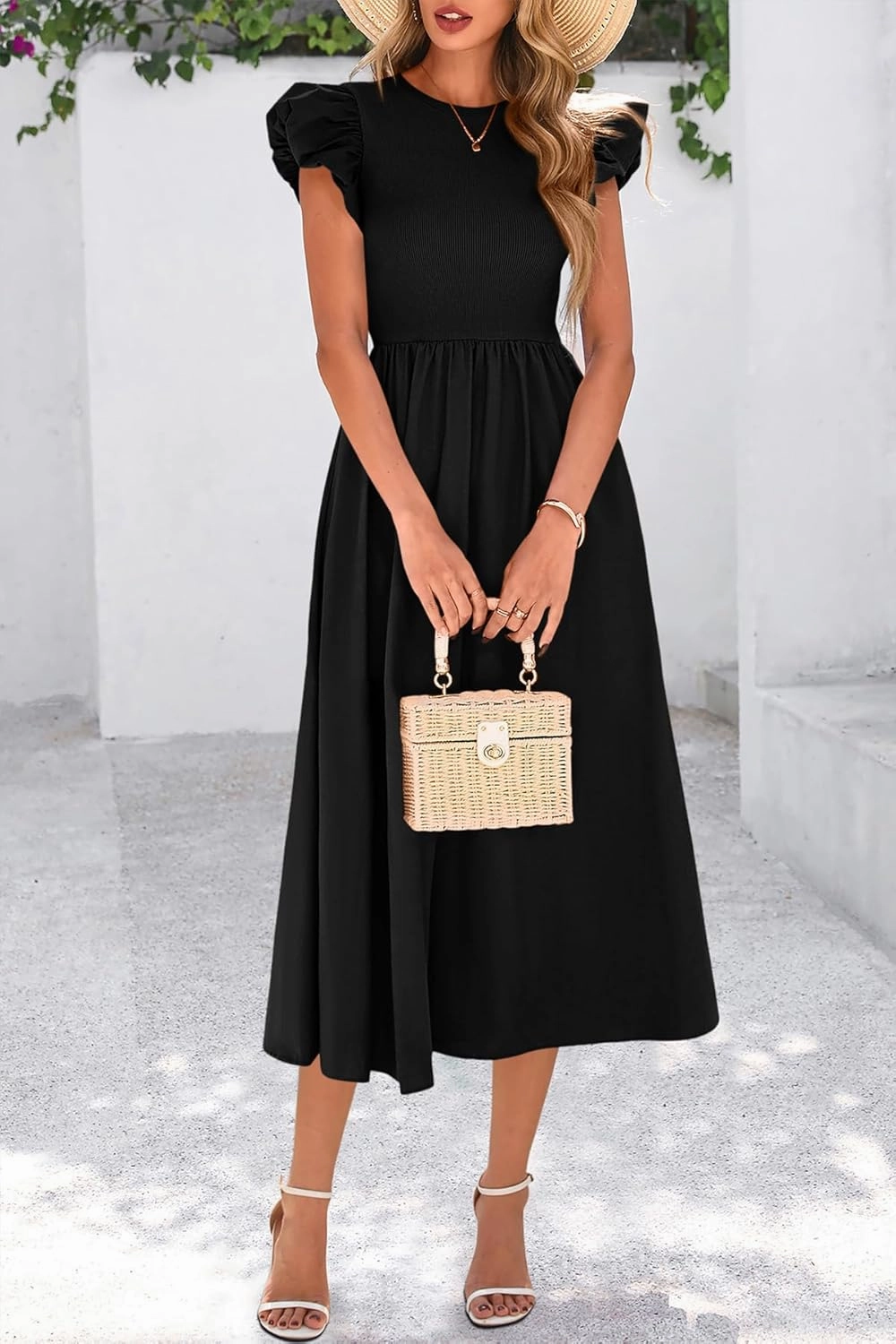 CFLONGE Women's Casual Short Puff Sleeve Summer Dresses for Women 2025 High Waist Casual Flowy A Line Midi Dress with Pockets