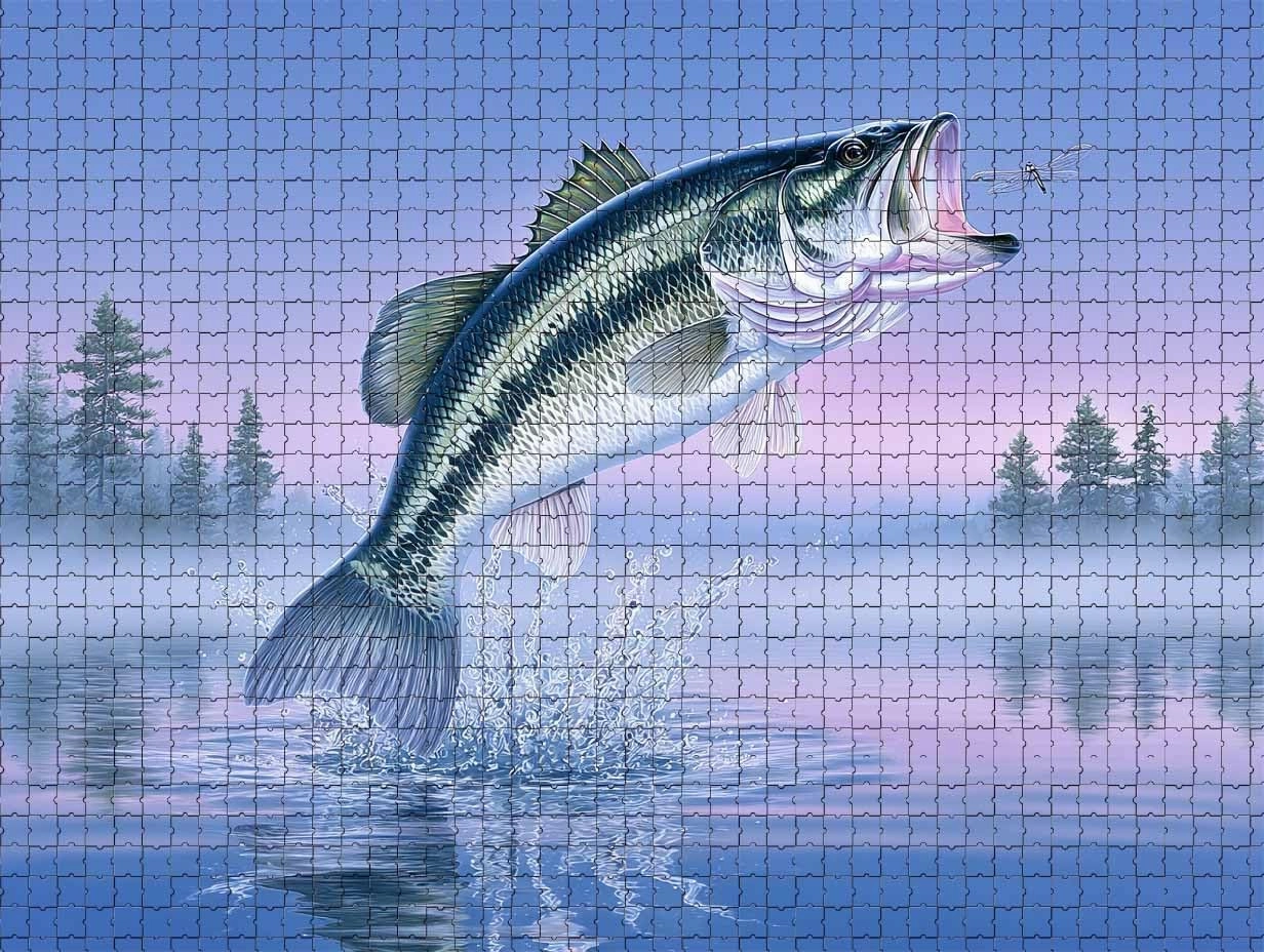 Challenging and Dynamic Jigsaw Game Featuring Jumping Bass Fishing Scene 1000 Piece Puzzle for Adults and Fishing Enthusiasts Nature Lovers Wall Decor and Family Fun Gift