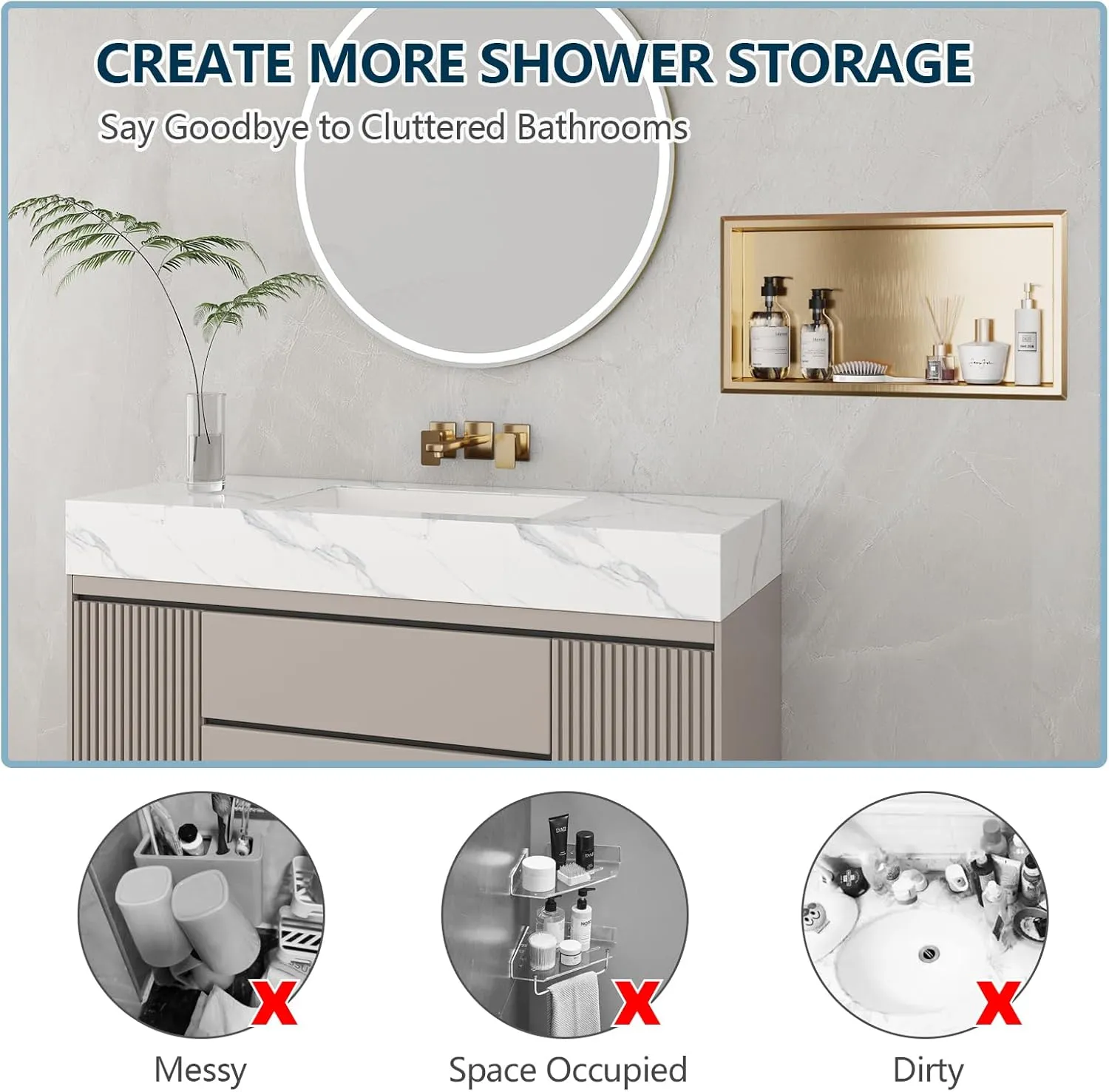 Champagne Gold Shower Niche, 24" x 12" No Tile Needed Recessed Wall Niche for Bathroom Storage, 304 Stainless Steel