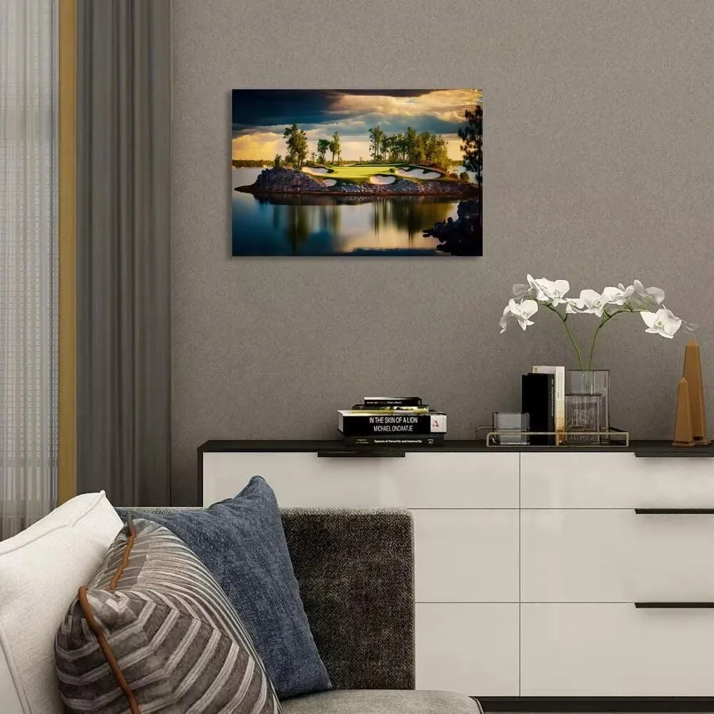 chenchenArt Sunset Landscape Golf Course Wall Art Picture Golf Course Wall Decor for Living Room Bedroom Bathroom Home Decorations Canvas Prints Framed Ready to Hang(24''H x 36''W)