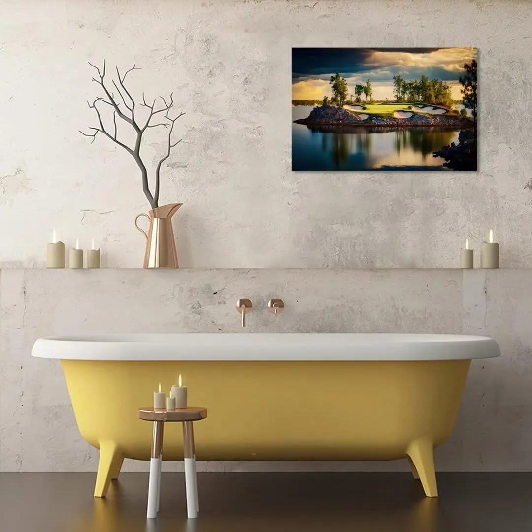 chenchenArt Sunset Landscape Golf Course Wall Art Picture Golf Course Wall Decor for Living Room Bedroom Bathroom Home Decorations Canvas Prints Framed Ready to Hang(24''H x 36''W)