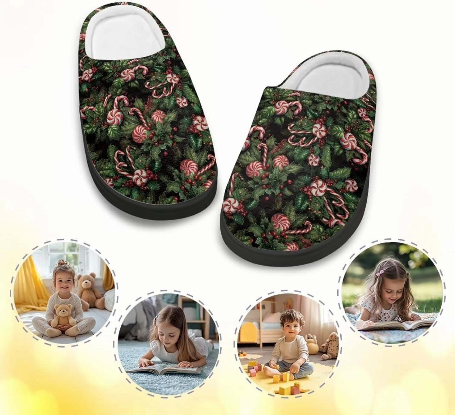 Christmas Slippers for Family TPR Sole Men Women Indoor/Outdoor Slippers Fuzzy Slip On House Shoes with Rubber