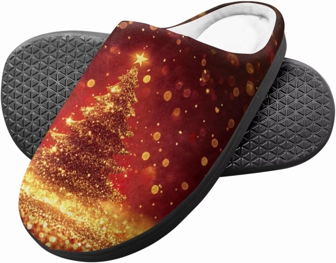 Christmas Slippers for Family TPR Sole Men Women Indoor/Outdoor Slippers Fuzzy Slip On House Shoes with Rubber
