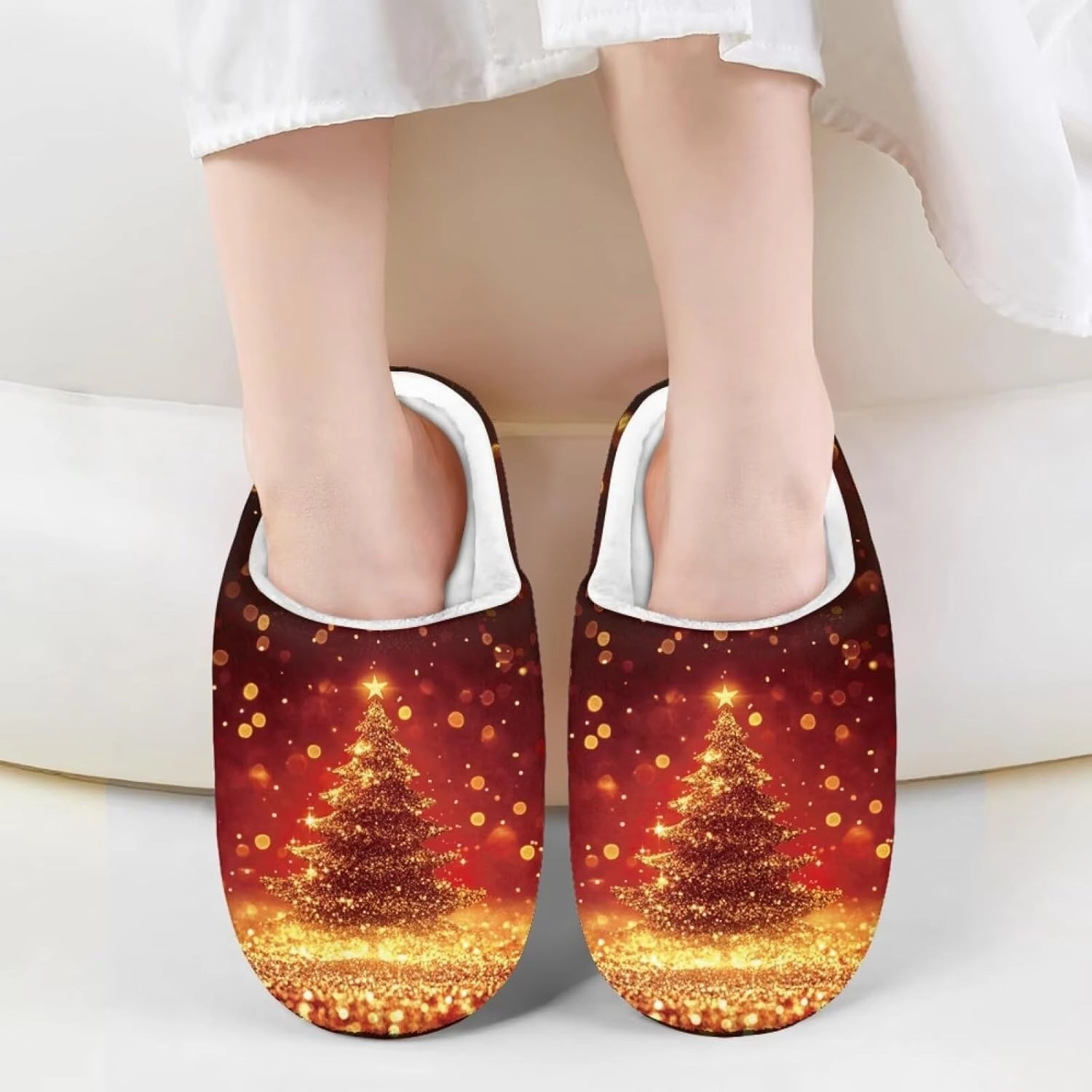 Christmas Slippers for Family TPR Sole Men Women Indoor/Outdoor Slippers Fuzzy Slip On House Shoes with Rubber