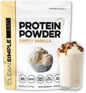 Clean Simple Eats Simply Vanilla Whey Protein Powder, Natural Sweetened and Cold-Processed Whey Protein Powder, 20 Grams of Protein (30 Servings)