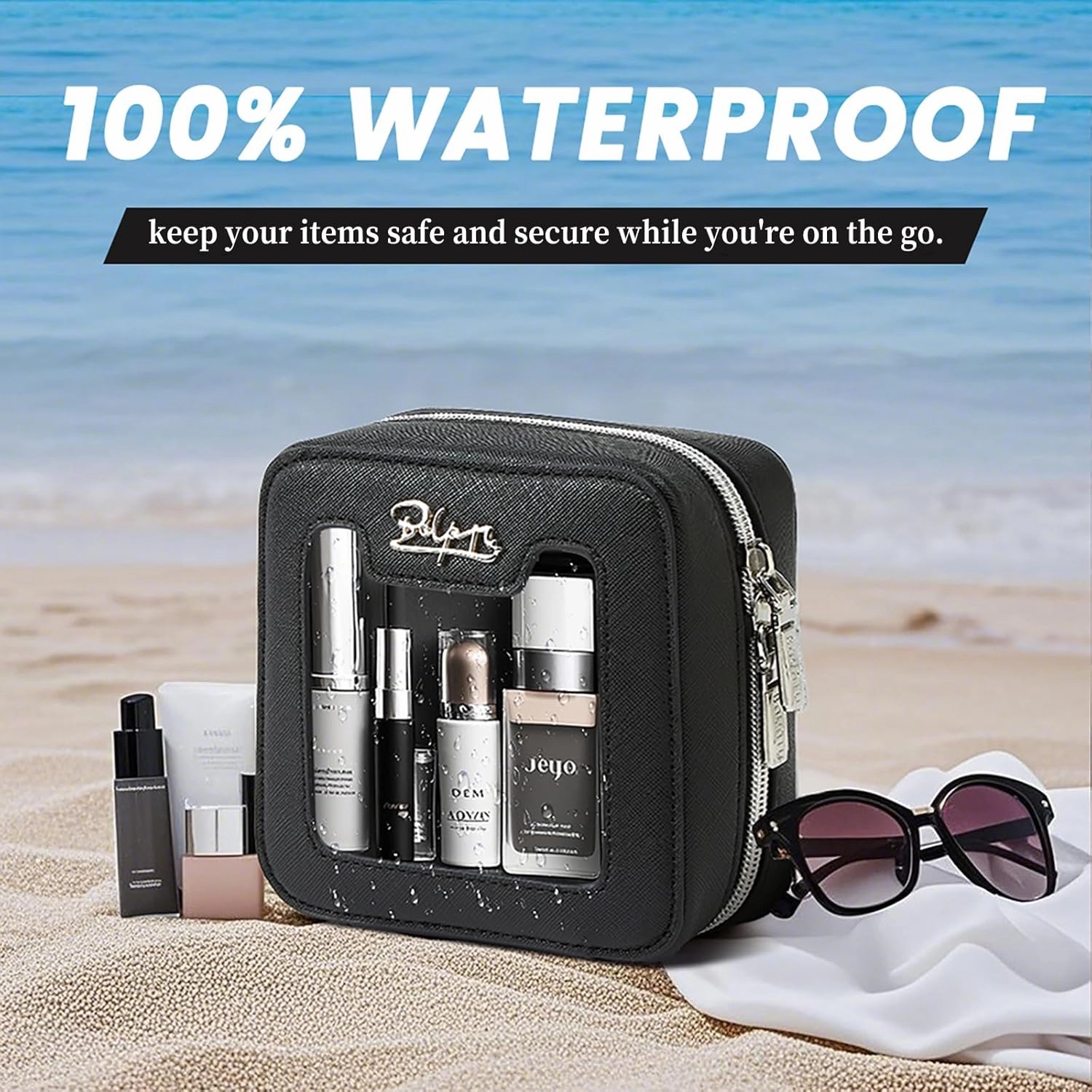 Clear Makeup Bag Cosmetic Case: Small Make up Bags for Purse - TSA approved Toiletry Bag for Women - Waterproof Travel Pouch with Zipper - Cute Makeup Organizer Skincare Bag for Car (Mini, Black)