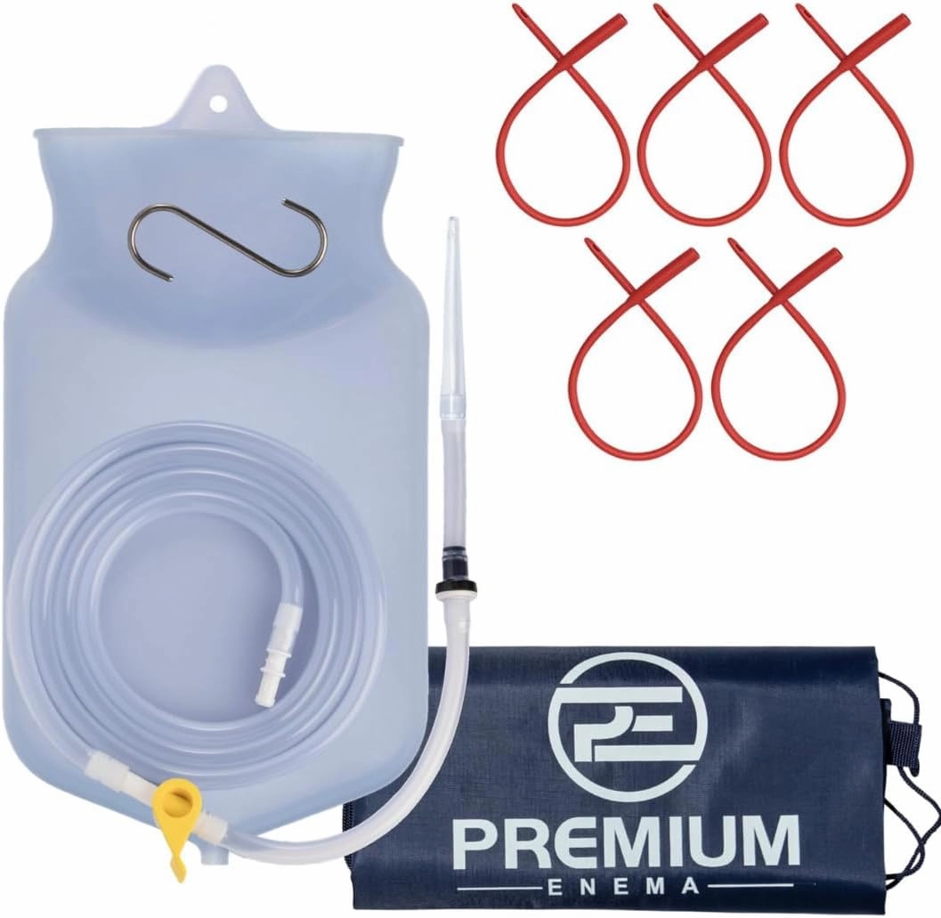 Clear Silicone Bag Kit with 5 Pack Red Latex Catheters. Suitable for Coffee and Water Colon Cleansing. 2 Quart Capacity, 6.75 Foot Long Hose, 7 Tips