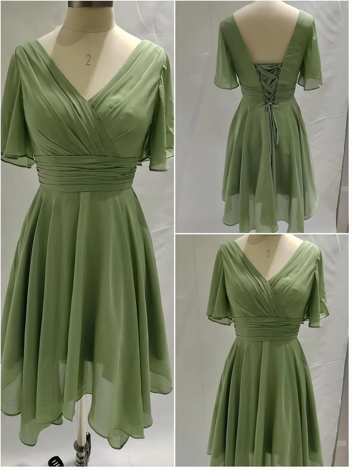 Clothfun V Neck Short Bridesmaid Dresses with Sleeves Ruched Chiffon A-Line Cocktail Dress for Women with Pockets
